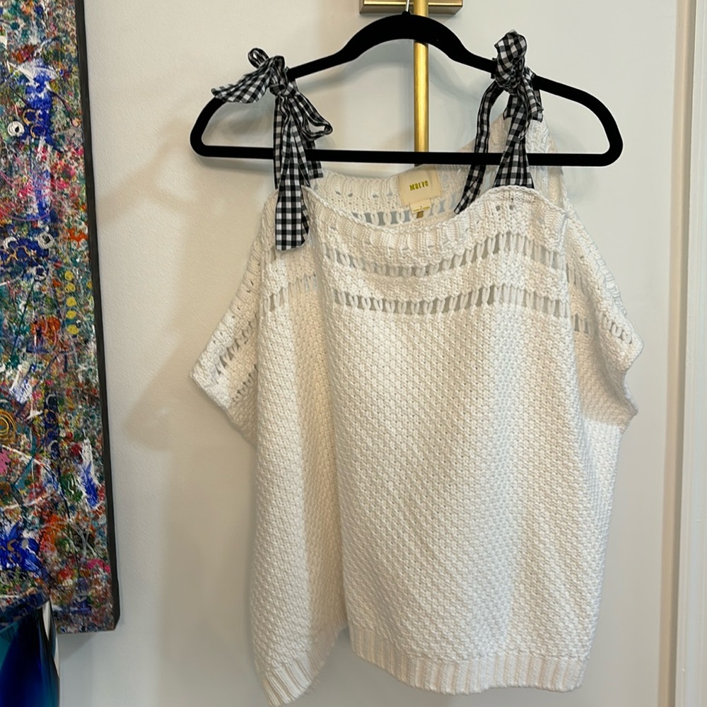 Maeve White Knit Cold-Shoulder Top with Black Gingham Tie Straps